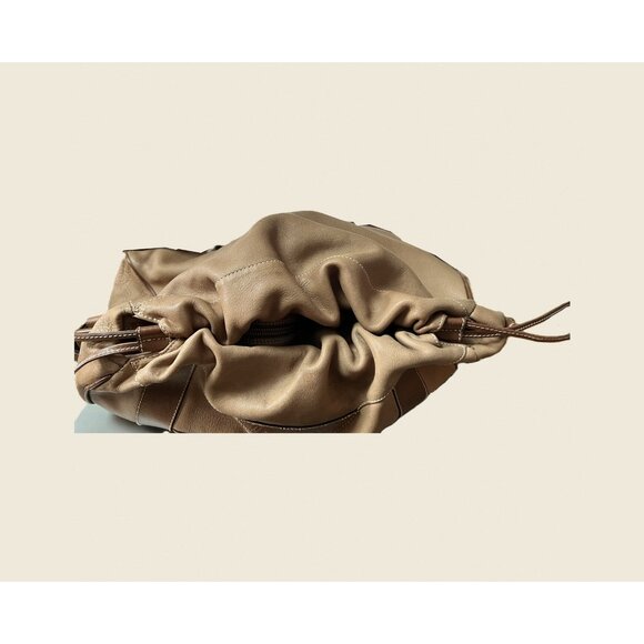 Italian Leather Shoulder Crossbody Bag 1990s –Two‑Tone Brown – Drawstring Buckle - Picture 3 of 8